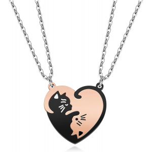 Kal-- 2pcs Bijoux Collier Pendentif Puzzle Coeur Separable Detachable Chat Acier Inoxydable Amitié Amoureux Couple Avec 2 Chaines - Neuf