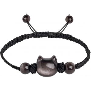 Bracelet De Chat Pour Femmes Hommes, Bracelets D'obsidienne 8mm Bracelet Extensible Ajustable Bijoux De Chat Cadeaux Pour La Chance Et L'attraction De L'argent - Neuf