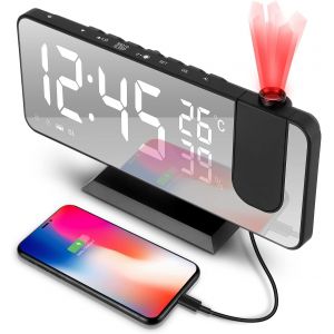Réveil Projecteur Plafond,Réveil Matin Avec De Rotation À 180, Fm Radio Réveil Avec Usb, Affichage Led Réveil Numérique,4-Réglage De La Luminosité,Snooze, Température Et Humidité - Neuf