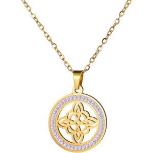 Kal-Collier De N?ud De Sorcière Pour Femmes Acier Inoxydable Clair Couleur Or Zircon Pendentif Rond Chaînes Celtique Quaternaire Wicca Anneau De N?ud Sorcellerie Amulette Bijoux - Neuf