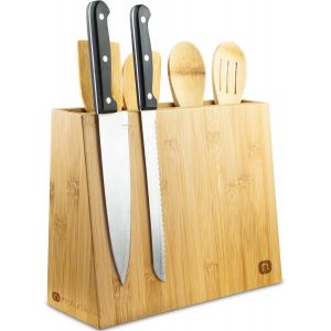 Bloc Couteaux Magn&eacute;tique Avec Ensemble De 5 Cuill&egrave;res De Cuisine - 2 En 1 : Porte-Couteaux Sans Couteaux Et Porte-Ustensiles De Cuisine - Bloc Couteaux Cuisine Bois De Bambou - Neuf