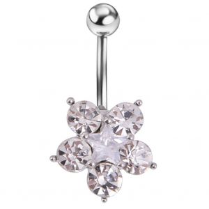 Piercing De Nombril En Acier Medical Avec Pendentif En Forme De Fleur Et Strass (Blanc) - Neuf