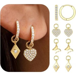 Kal-Boucles D'oreilles Femme Argent 925 - Breloques Plaqu&eacute; Or 14k Hypoallerg&eacute;nique Pendantes Coeur Papillon Lune Boucles D'oreilles Creoles Or Homme - Neuf