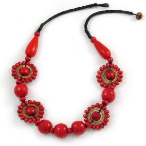 Collier Ethnique En Perles De Bois Rouge Cordon Noir &iquest; 60 Cm L,Taille Unique,Bois Cordons Bois - Neuf