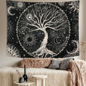 Tapisserie Arbre de Vie Lunaire et Solaire Noire Psych&eacute;d&eacute;lique avec &Eacute;toiles et Mandala Hippie pour Mur (130x150cm) - Neuf