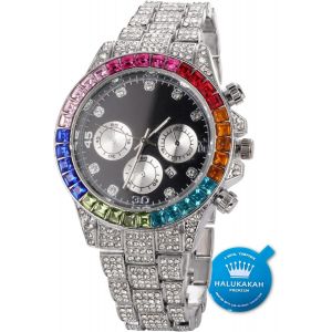 Diamants Montre En Or,Homme Or V&eacute;ritable 18k/Or Rose/Plaqu&eacute; Platine Or Blanc 40mm Largeur Multicolore Noir Cadran Quartz Avec Cha&icirc;ne Cubains Bracelet Collier,Bo&icirc;te Cadeau Gratuite.[J800] - Neuf