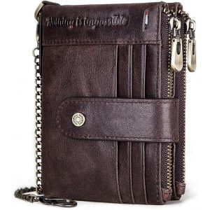 Portefeuille Homme En Cuir V&eacute;ritable Blocage Rfid Porte Monnaie Homme Avec Cha&icirc;ne, Bifold Porte Feuille Pour Homme Cuir 19 Porte Carte Cr&eacute;dit E Zip Porte-Monnaie, Bo&icirc;te Cadeau - Neuf