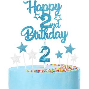 Eryi-Ensemble De Bougies D'anniversaire 3d En Forme De Chiffre 2 Bleu Pour Décoration De Gâteau, Filles Et Garçons, 2ème Anniversaire, Bougies D'anniversaire 3d Avec Étoiles Argentées Pour Garçon - Neuf