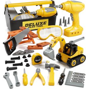 KAJGL-Boite Outils Enfant,Etabli Avec Perceuse Électrique,Visseuse,Metre Ruban,Démonter Et Assembler Voiture,Caisse A Outil Cadeau Montessori Jouets Pour Enfant 3 Ans+ - Neuf