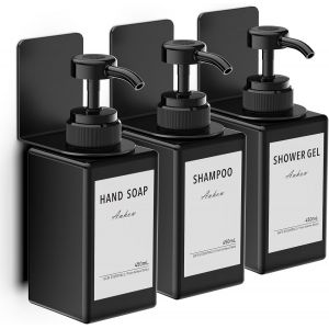 Distributeur Savon Mural 450ml,3 Pièces Distributeur Gel Douche de Pompe à Presser avec Étiquettes No Perçage pour Cuisine et Salle de Bain-Noir - Neuf