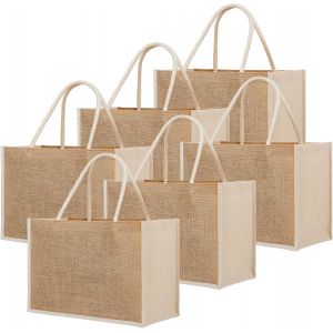 SJZG-Lot De 6 Sacs Fourre-Tout R&eacute;utilisables En Jute Avec C&ocirc;t&eacute; En Toile, Sac En Toile De Jute Naturelle Pour Mariage De Demoiselle D'Honneur Avec Poign&eacute;es, Sac De Plage - Neuf