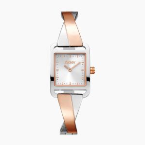Montre Femme Dkny Iconic - Bo&icirc;tier Carr&eacute; En Acier Et Bracelet Rigide Bicolore Argent Et Or Rose - Neuf