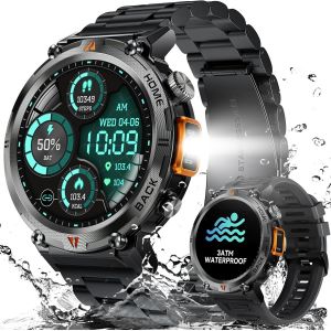 Montre Connectée Homme Avec Appels Bluetooth,1,45"" Militaire Smartwatch 3atm Étanche Avec Torche Led,Montre Fitness Avec Fréquence Cardiaque Spo2 Surveillance 110+ Modes Sportifs Pour Android Ios - Neuf