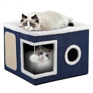 Niche Pour Chat D'interieur, Grande Niche Avec Niche Douillette, Boule Suspendue Moelleuse Et Griffoir - Neuf
