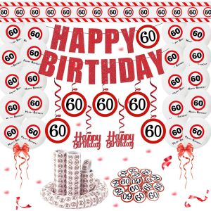 SJZG-D&eacute;coration 60 Ans Pour Homme Et Femme, Panneau De Signalisation 60 Ans, Kit De D&eacute;coration Avec Ruban De D&eacute;limitation, Ballons, Serpentins, Confettis, Spirales, Guirlande, D&eacute;coration - Neuf