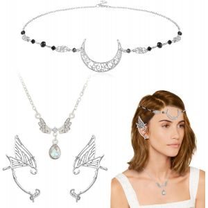 Kal-Pcs Chaîne De Tête De Lune Boheme, Bijoux De Tete Vintage, Oreille Elfe Boucles D'oreilles Pour Femme Fille, Aile Collier Cristal Noir Bijoux Cheveux Pour Halloween Fête Cosplay Mariage Costume - Neuf