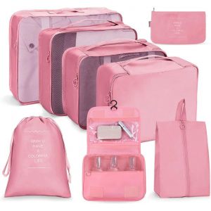nzqaf-Organisateur de Voyage, Lot de 8 Organiseurs de Bagage pour Voyage,Différents Tailles des Cubes Étanche Sacs de Voyage Rangement (Rose) - Neuf