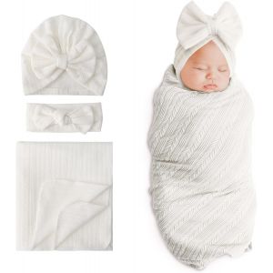 Tianyi-Couverture De Réception Pour Nouveau-Né Et Enfant Chaud Pour Fille Avec Bonnet Et Bandeau À N?uds Assortis - Neuf