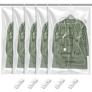 Sjzg-Lot De 5 Sacs Sous Vide Pour V&ecirc;tements &iquest; Sacs Sous Vide Transparents Pour V&ecirc;tements, Sacs &Agrave; V&ecirc;tements Avec Crochets Pour Costumes, Manteaux, Vestes, Robes Et Talars - Neuf