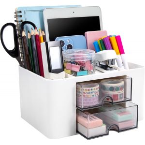 Organisateur de Bureau Multifonctionnel Papeterie Organizer Pot à Crayons avec Tiroir Organisation de Bureau Rangement pour l'École, Maison, Bureau (Blanc) - Neuf