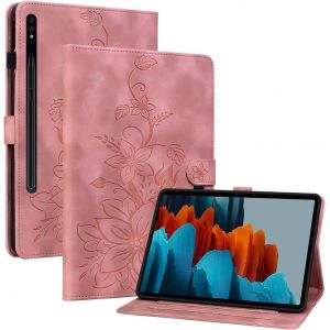 Kal-Coque Pour Samsung Galaxy Tab S7 2020/S8 2022 11 Pouces, Multi-Angles De Visualisation Housse De Protection En Similicuir Avec Porte-Carte Couverture Motif Lys, Rose - Neuf