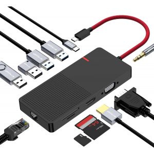 Station d'accueil USB C Dual Display Adaptateur multiport USB C vers HDMI 11-en-1 avec VGA 100W PD Charge (2usb 3.0 / 2usb 2.0) Ethernet RJ45 TF/SD Lecteur de Carte pour MacBook iPad Pro HP - Neuf