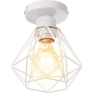 KAL-Plafonnier Industrielle Vintage Design Rétro Cage En Métal Fer Forge, Suspension Luminaire E27 Lampe De Plafond Diamant Ø16Cm (Blanc) - Neuf