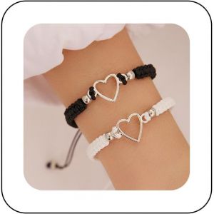 Kal-Bracelet Cuir Vintage Blanc Noir Bracelet Cuir Cordon Bracelet Cuir Cha&icirc;ne Main Bracelet Creux Forme Coeur Argent Cha&icirc;ne Bijoux Pour Femmes Et Filles 2pcs - Neuf