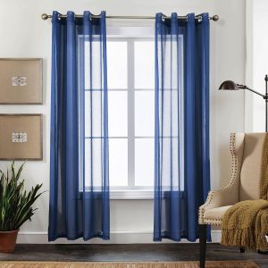 Cheng-Rideaux Voilage Transparent L140x H225cm 2 Panneaux À Anneaux - Look Lin Uni, Facile D'entretien Pour Salon Et Chamlre (Lleu Royal) - Neuf