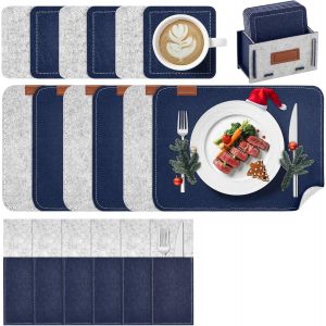 Tianyi-Set De Table Lavable, Double Face Set De Table Feutre, Lot De 18 Sets De Table: 6 Dessous De Table, 6 Dessous De Verre, 6 Sac À Couverts, 1 Boîte De Rangement -Bleu Foncé + Gris Clair - Neuf