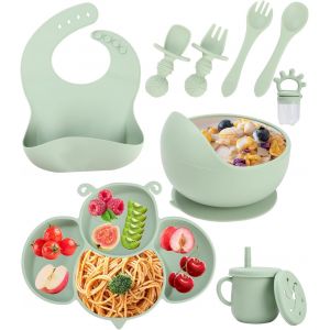 Kal-Assiettes B&eacute;b&eacute;,Set De Couverts Bebe 10 Pi&egrave;ces, Bol, Bavoir, Cuill&egrave;re, Fourchette, Gobelet B&eacute;b&eacute; 2 En 1, Gobelet Collation, T&eacute;tine &Agrave; Fruit (Vert) - Neuf