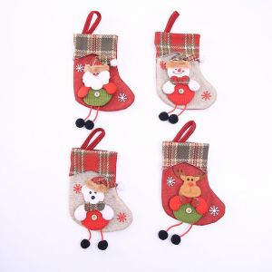 Lot de 4 chaussettes de Noël, décorations de sacs cadeaux de Noël, ours, élan, Père Noël, décorations de Noël, sacs à bonbons, chaussettes en treillis - Neuf