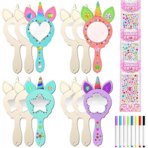 Lbgwp60-Licorne Miroir À Main Princesse En Bois De Bricolage 12 Pièces Enfant Miroir En Bois À Peindre À Décorer Diy Petit Miroir Avec Poignée Loisirs Créatifs En Bois Set Pour Fille Anniversaire Fêt - Neuf