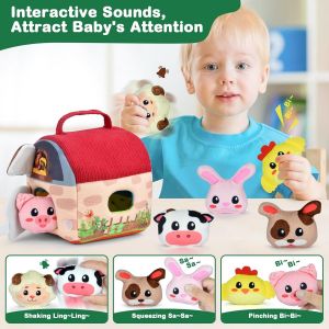 Baby Toy 6 Months Farm Animals Plush Montessori Games Educational and Motor Skills Games for Kids Soft Sensory Play Set with Plush and Sounds - Neuf