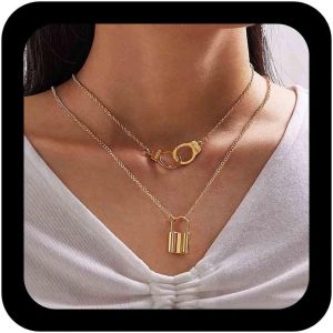Kal-Colliers Pendentifs À Cadenas Boho Colliers Chaîne Cadenas Colliers De Menottes Superposées Chaîne Chaîne Cadenas Or Collier Bijoux Pour Femmes Et Filles - Neuf
