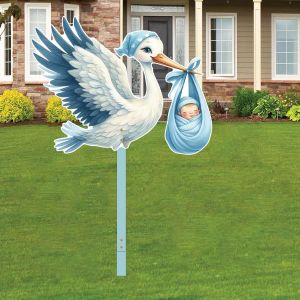 Tianyi-Cigogne De Naissance Pour L'extérieur - Bleu - Cigogne À Clapette Pour Naissance Bébé - Imprimé Des Deux Côtés - 83 Cm - Avec Bâton En Bois - Neuf