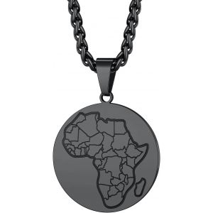 KAL-Collier Afrique Personnalisable,Pendentif Carte D`Afrique Avec Pays/Elephant/Lion Plaqu&eacute; Or/Noir/Acier Inoxydable + Cha&icirc;ne 55+5Cm,Bijoux Africain Fantaisie Cadeau Original Pour Femme Homme - Neuf