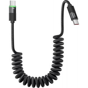 JGD-C&acirc;ble USB C Spiral&eacute; 1.2 M, PD 100 W Cable USBC vers Type C R&eacute;tractable Charge Rapideavec LED pour Android Auto iPhone 17 Pro Max/16/16 Pro Max/15, Samsung Galaxy S25 / S24, Xiaomi, Huawei - Neuf