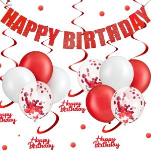 CAUC-Kit de D&eacute;corations Happy Birthday de 17 Pi&egrave;ces Banni&egrave;re d'Anniversaire Tourbillons Suspendus Happy Birthday Ballons Latex Confettis pour F&ecirc;te d'Anniversaire (Rouge et Blanc) - Neuf
