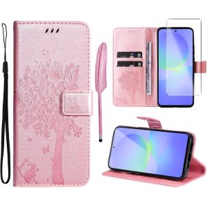 SJZG-- Coque Pour Samsung Galaxy A36 5G [1X Verre Tremp&eacute;] &Eacute;tuis Rabat Folio Protection Housse Cuir Pu Portefeuille Silicone [Fermeture Magn&eacute;tique][Emplacements Cartes][Stand Feature]-Rose - Neuf