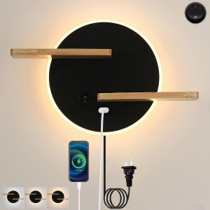 Subzonal-Applique Murale Chambre Avec Interrupteur 3 Temp&eacute;rature Led Lampe De Chevet Avec Port De Charge Usb Et Plateau Applique Liseuse 9w Lampe Murale En Bois Pour Salon Bureau H&ocirc;tel, Noir - Neuf