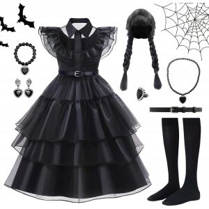 Ehnga-Robe Noire Halloween Pour Fille, 8 Pièces Costume Enfant, Déguisement Mercredi Addams,Gothique Lolita, Âge 7 À 8 Ans,130 Cm,140cm - Neuf