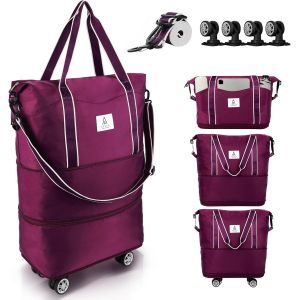 KALANKA-Sac de Voyage à roulettes avec Roues Amovibles et Bandoulière, Sacs Fourre-Tout Extensible et Pliable avec Sleeve pour Valise, Femme Homme Sac de Weekend pour Avion 25L-55L - Neuf