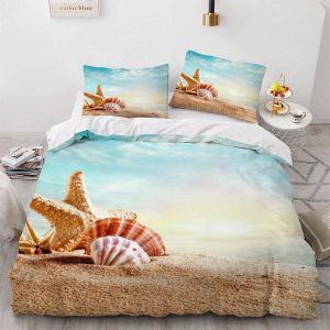 Housse De Couette Plage X Imprim&iquest;&iquest; D Coquillage &iquest;&iquest;Toile De Mer Parure De Lit Personnes Hypoallergique Microfibre Literie Pi&iquest;&iquest;Ces Avec Fermeture - Neuf