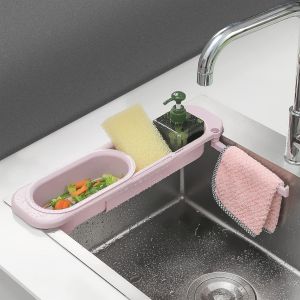 Étagère télescopique pour évier, panier de rangement extensible, rangement pour évier, panier de rangement extensible, rangement pour balles éponge (rose) - Neuf