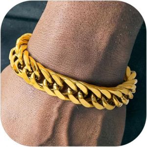 Eryi-Bijoux Punk Hip Hop - Gourmette Homme Plaqué Or/Noir/Acier Inoxydable 19/21/23cm De Longueur - Chaîne Bracelet Maille Grosse 8/12/17mm De Largeur, Bracelets Cadeau Pour Homme Garçon - Neuf