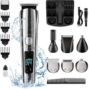 Tondeuse Cheveux Hommes,11-En-1 Tondeuse Barbe Et Cheveux Professionnel,Sans Fil Rasoir &Eacute;lectrique,Tondeuse Corps De Pr&eacute;cision Pour Nez,&Eacute;cran Lcd,Sabot Ajustable,Imperm&eacute;able - Neuf