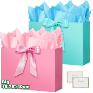 12.75"" Sac Cadeau, Grand Papier Emballage Cadeau Anniversaire, Vertical Pochette Cadeau Grand Format Enfant 40*30*12.5cm Avec 2 Cartes 2 Mouchoirs Pour Fête D'anniversaire Mariage 2 Pièces L - Neuf