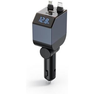 KALCX-Chargeur Allume Cigare Usb-C 4 En1,Charge Rapide Pd30W,Double C&acirc;bles R&eacute;tractable,Voltm&egrave;tre Led,Chargeurs De T&eacute;l&eacute;phones Portables,Pour Ios,Andro&iuml;de,12-24 V,Max84W - Neuf