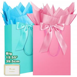 Grand Sac Cadeau, 15.55"" Papier Emballage Cadeau Anniversaire, Carré Pochette Cadeau Ggrand Format Enfant 39.5 * 30 * 12cm Avec 1 Cartes 1 Mouchoirs Pour Fête D'anniversaire 2 Pièces I - Neuf